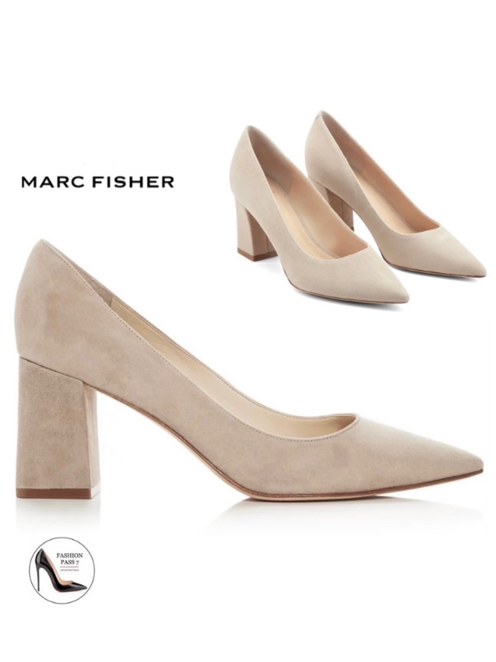 MARC FISHER Zala Nude Beige Suede Classic Pointed Toe Medium Block Heel Pump 9